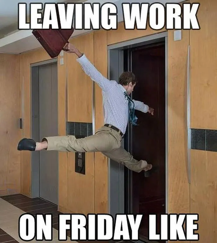Man energetically jumping into elevator, briefcase in hand, expressing joy to leave work on a Friday.
