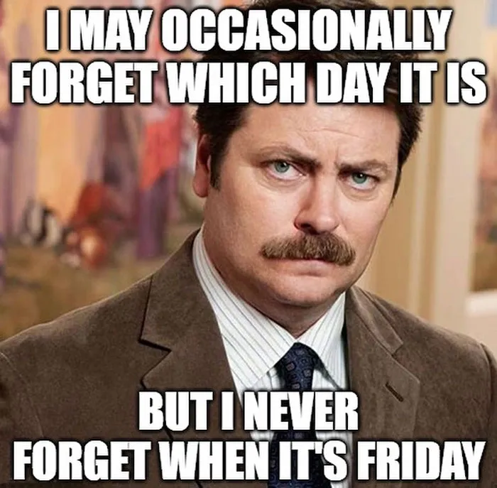 Man in a suit with mustache humorously expresses excitement for Friday, from a collection of Happy Friday memes.