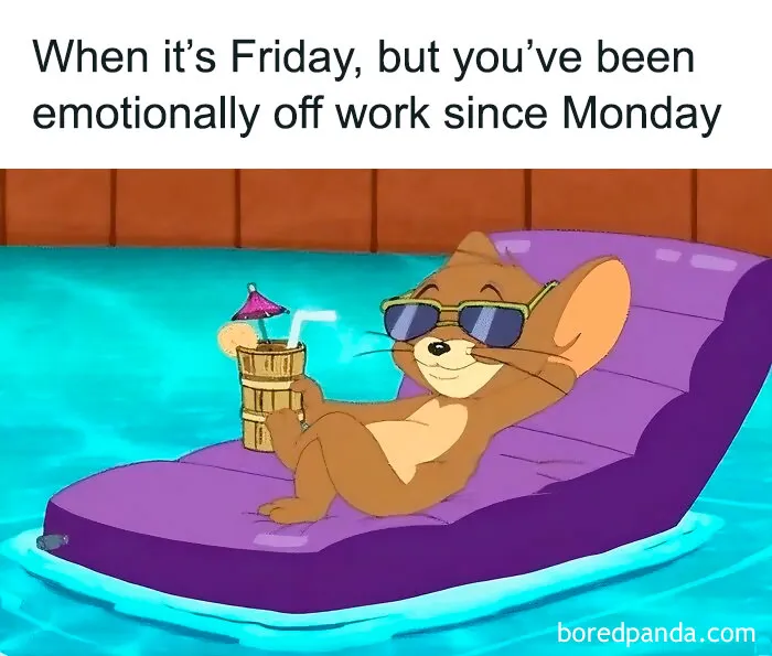 Happy Friday meme featuring a relaxed cartoon mouse on a float with sunglasses and a drink.