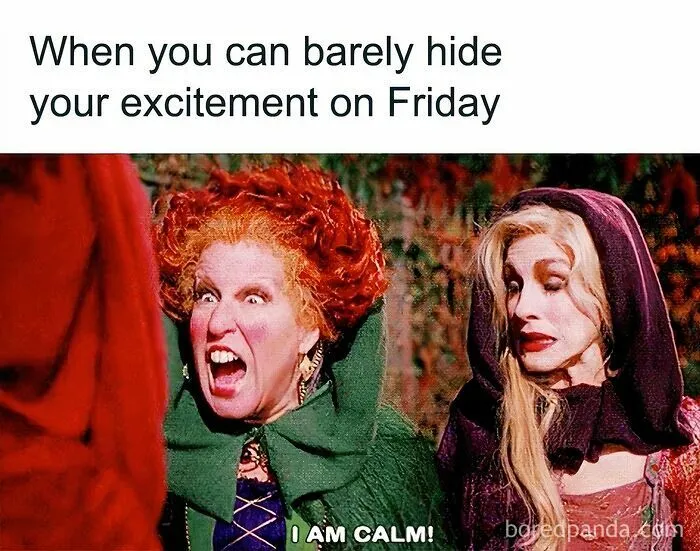 Two women dressed as witches with one looking excitedly intense, capturing the humor of happy Friday memes.
