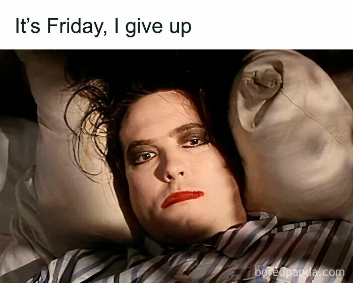 Person with makeup lying in bed, captioned "It's Friday, I give up," expressing a humorous weekend mood.