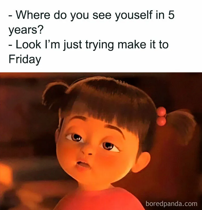 Funny meme with a tired character expressing the struggle of making it to Friday for a happy weekend.