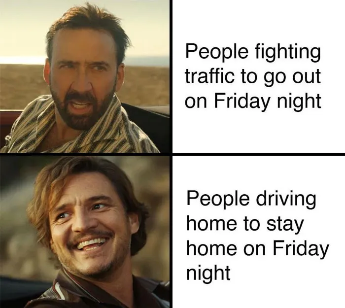 Two images comparing people's reactions to traffic on Friday night, highlighting happy Friday memes.