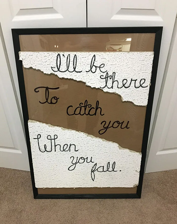 My Dad Fell Off A 10-Foot Ladder And Dropped Through The Ceiling. I Was Walking By And Caught Him. This Was The Tile He Went Through, And Now His Christmas Present Is Finished