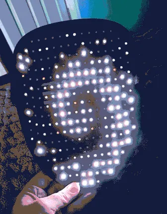 LED dots arranged in a swirling pattern on a dark surface, creating an eye-catching visual effect.