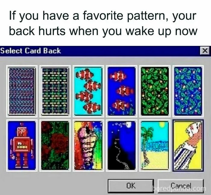 Old computer screen showing patterns for card backs with funny relatable meme caption about aging.