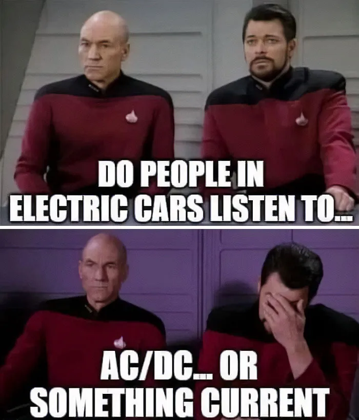 Two men in uniforms, one facepalming, above text joke about electric cars and music.