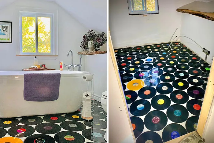One Of My Favourite Things In My House Is This “Vinyl” Floor That We Installed.  I Love The Colours!  I Love The Random Elvis Gold Record Being Off-Centered