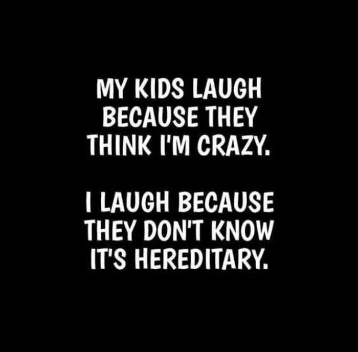 "Funny Facebook post about hereditary craziness, with black background and white text."