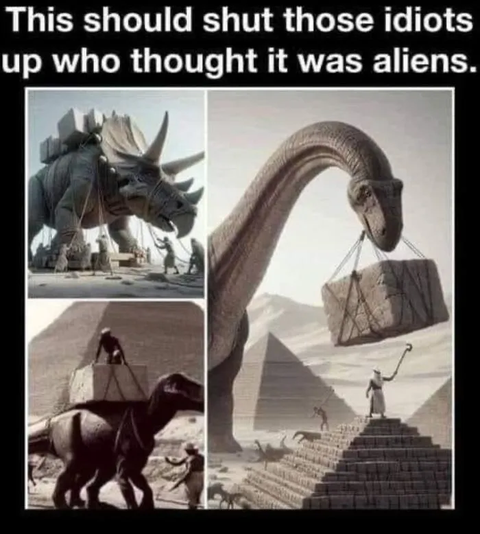 Dinosaurs helping build pyramids, humor from a popular Facebook group with over 900K members.
