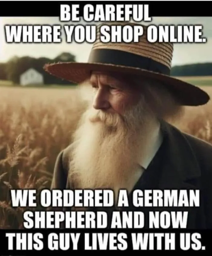 Elderly man with a long beard in a field, humorous online shopping meme from a popular Facebook group.
