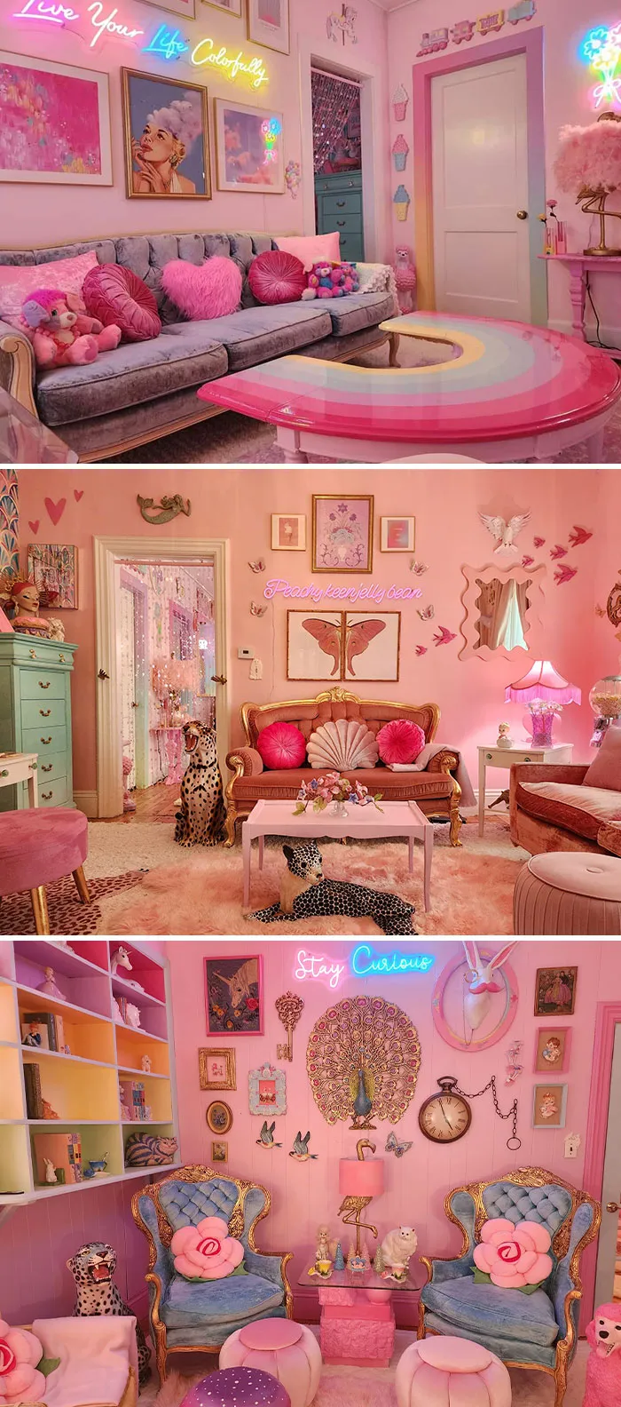 Hi Everyone! This Is My First Time Posting Here, Although I Have Posted In Other Groups.   These Pictures Are Of Different Rooms In Our Home. I Love To Decorate In Pinks And Pastels. I Have An Appreciation For Kitschy, Silly, Goofy, Nostalgic, And Vintage Things. I Decorate With Items That Amuse Us And Evoke Joy. Not Everyone Appreciates This Aesthetic, But For Us, It Is Fun And Nurtures Creativity.   I Love, Love, Love To See Maximalism In All Its Various Forms. ❤️   Thanks For Letting Me Share Here