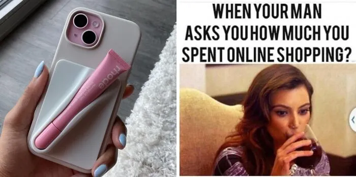 Pink phone case and cosmetic tube, TikTokMadeMeBuyIt trend.