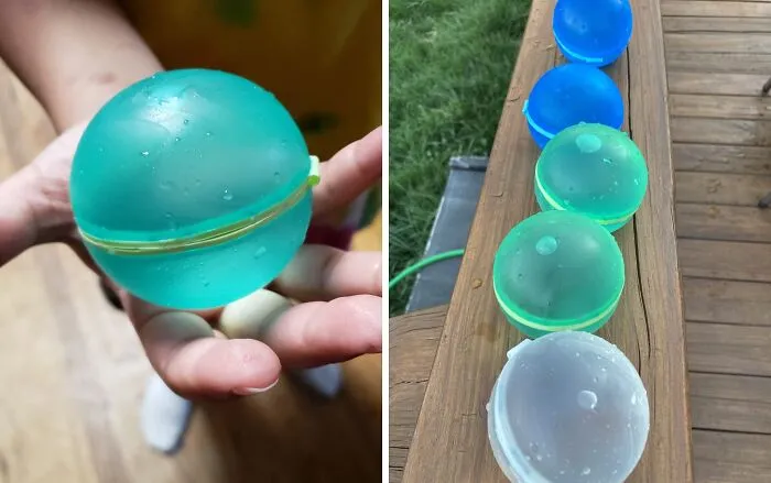 Person holding a transparent green ball; other clear and blue balls arranged on a wooden deck. Random intriguing items.