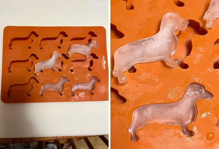 Silicone ice tray with dachshund shapes, featuring frozen figures and an orange background.