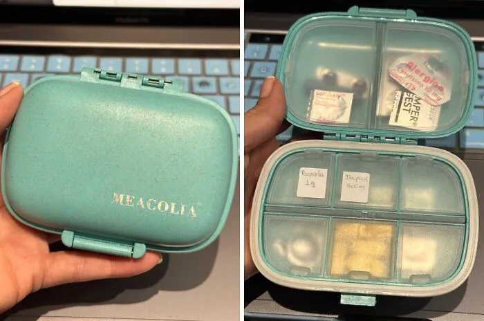 <a style="display:inline;" href="https://www.amazon.com/Compartments-Organizer-Moisture-Portable-Container/dp/B083FJ5LMJ?ie=UTF8&linkCode=ll1&tag=bphamster-20&linkId=c845e720aaa36aa4523c8c42541f6dd4&language=en_US&ref_=as_li_ss_tl " target="_blank"> A <span Style="Font:inherit;color:#d74b1f;"> Travel Pill Organizer </Span> That Fits In The Palm Of Your Hand Is A Must For Any Flights. Especially If You Need To Keep The Dramamine Nearby!