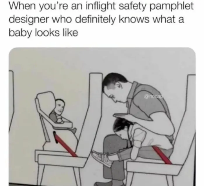 Inflight safety meme with humorously drawn baby in safety position, showcasing random funny meme style.