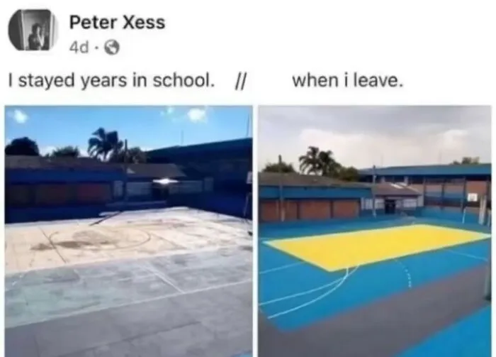 Two school court photos side by side, dull versus vibrant, capturing a funny random meme contrast.