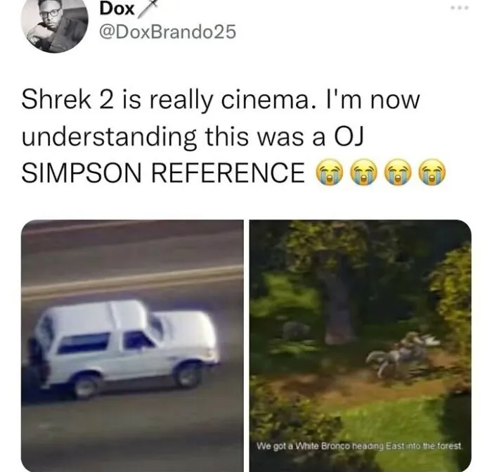 Meme comparing Shrek 2 scene with a famous car chase, highlighting unexpected humor.