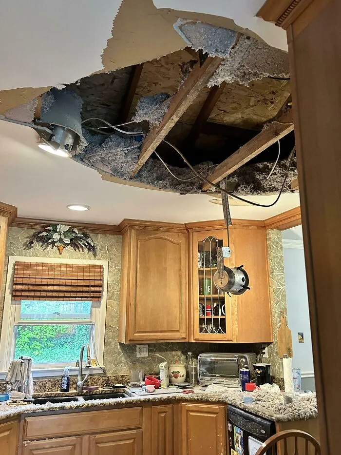 Husband Went Into The Attic To Fix A Leak. Lost His Footing And Fell Through. He’s Ok. The Whole Floor Level Of Our Home Is Not