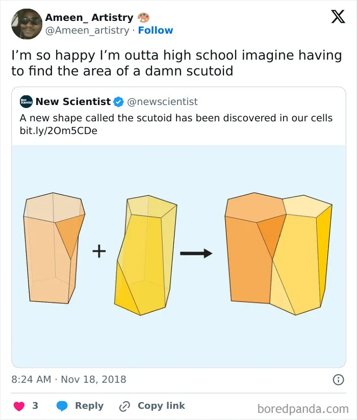 Funny meme about high school and the discovery of a new shape called a scutoid, featuring geometric illustrations.