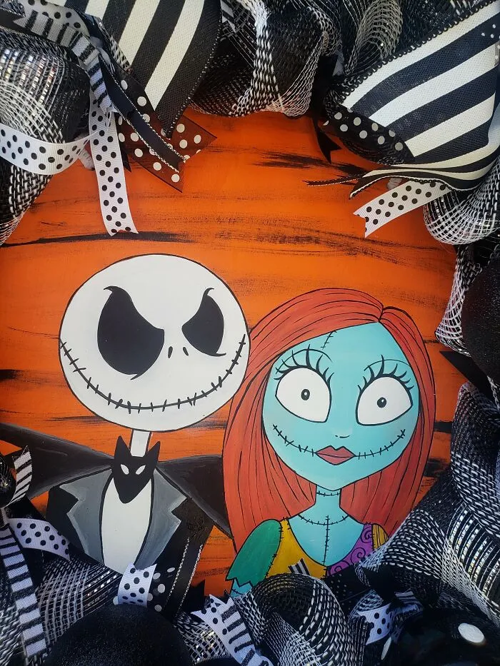 Jack And Sally Skellington Wreath With Interchangeable Signs For Halloween,  Christmas And Year Round