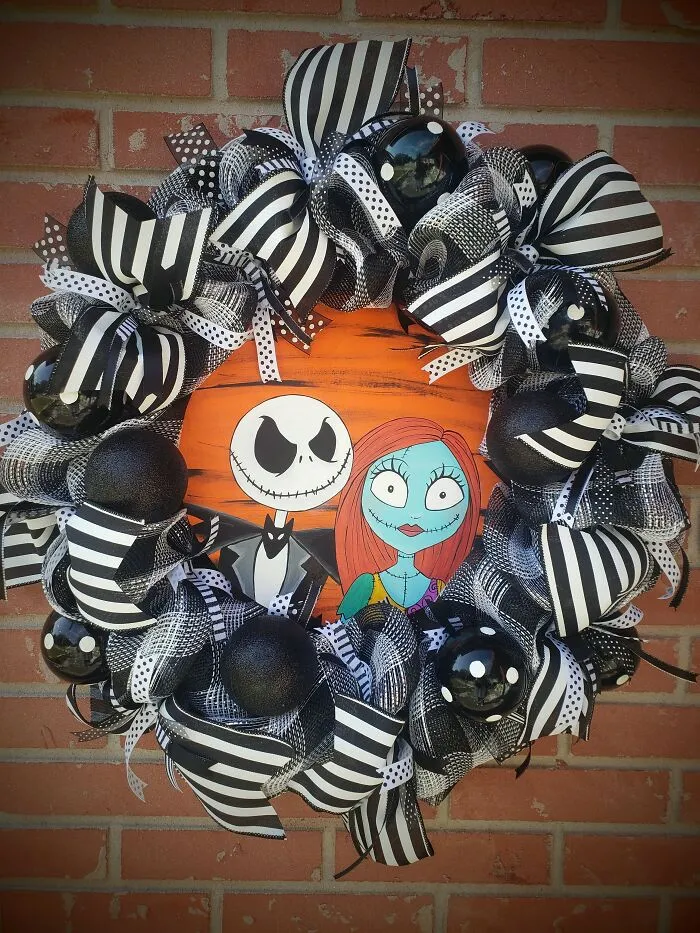 Jack And Sally Skellington Wreath With Interchangeable Signs For Halloween,  Christmas And Year Round