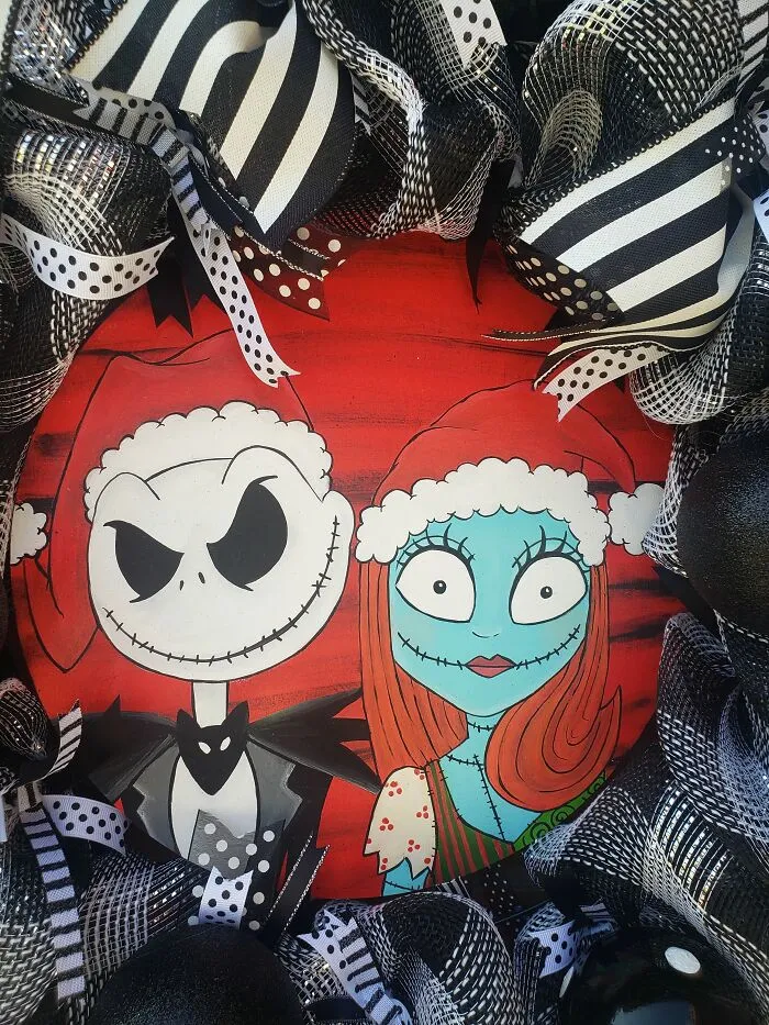Jack And Sally Skellington Wreath With Interchangeable Signs For Halloween,  Christmas And Year Round