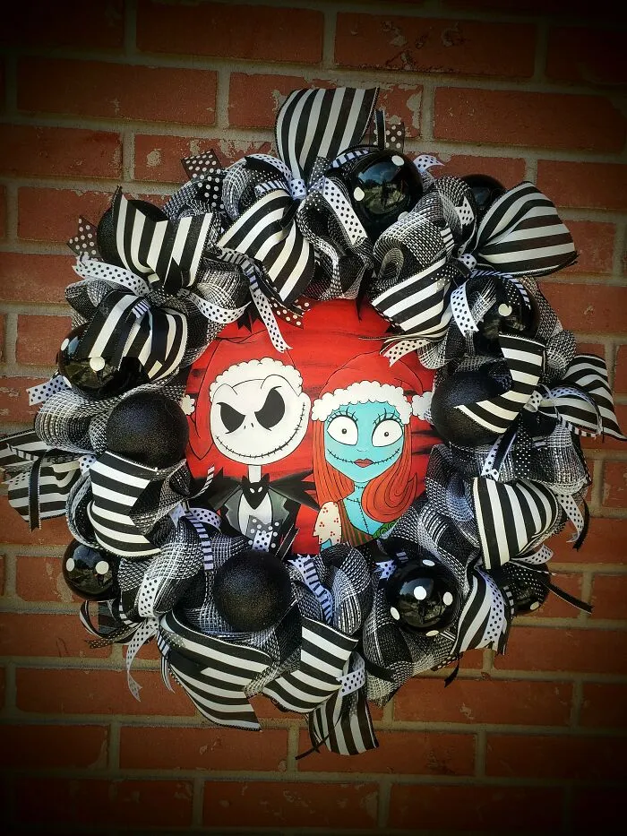 Jack And Sally Skellington Wreath With Interchangeable Signs For Halloween,  Christmas And Year Round