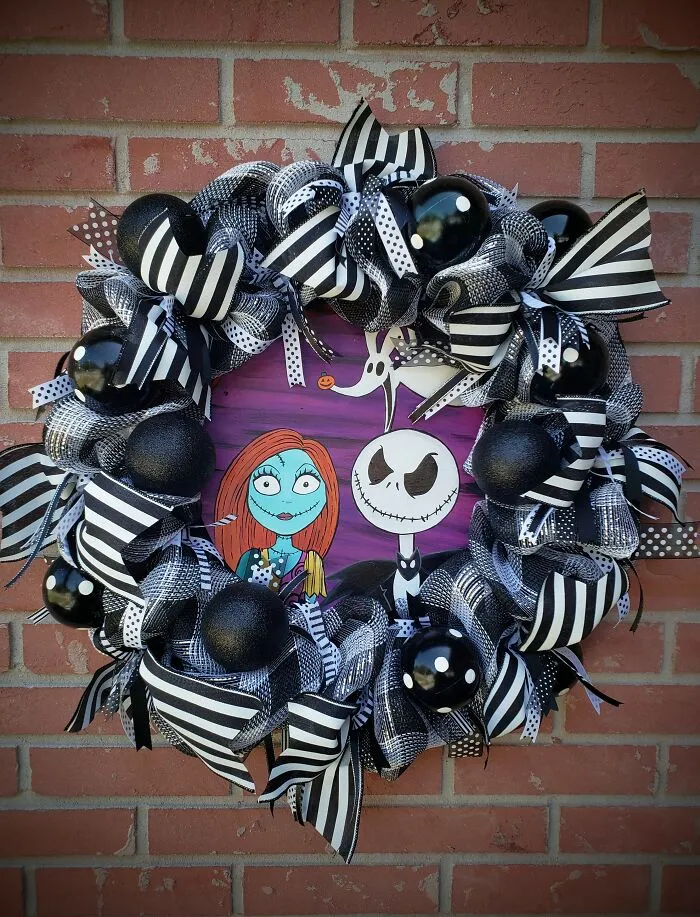 Jack And Sally Skellington Wreath With Interchangeable Signs For Halloween,  Christmas And Year Round