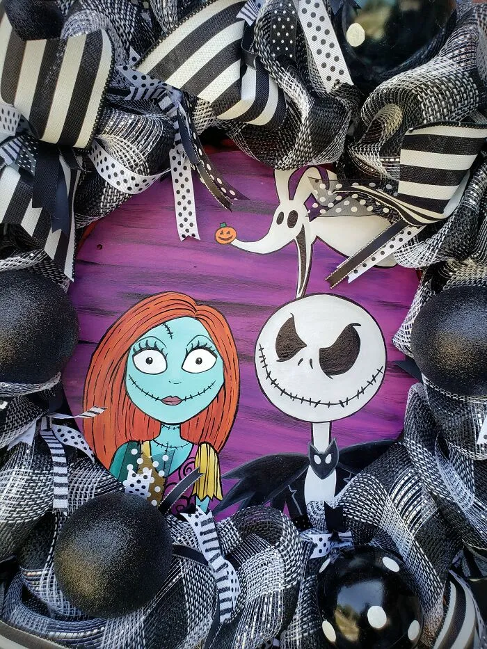 Jack And Sally Skellington Wreath With Interchangeable Signs For Halloween,  Christmas And Year Round
