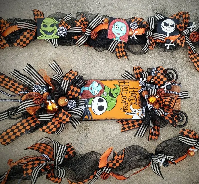 Nightmare Before Christmas Door Hanger And Coordinating 20' Halloween Garland. Jack, Sally, Zero, Oogie, The Mayor, Lock,  Shock And Barrel Hand Painted On Wood