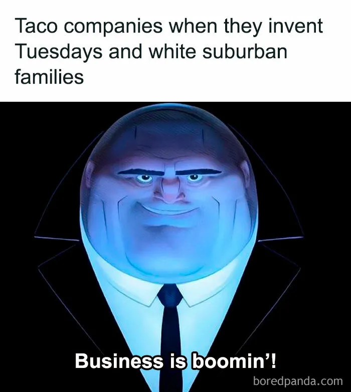 Animated character meme about taco companies, humorously captioned for Happy Tuesday vibes.