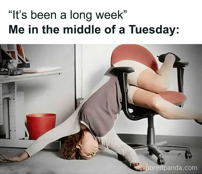 Office worker humorously slumped over chair, capturing the feeling of a long week on a Tuesday.
