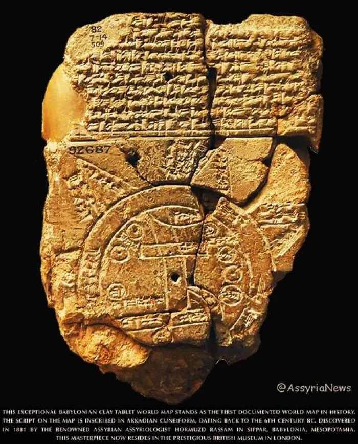 This Exceptional Babylonian Clay Tablet World Map Stands As The First Documented World Map In History. The Script On The Map Is Inscribed In Akkadian Cuneiform, Dating Back To The 6th Century Bce