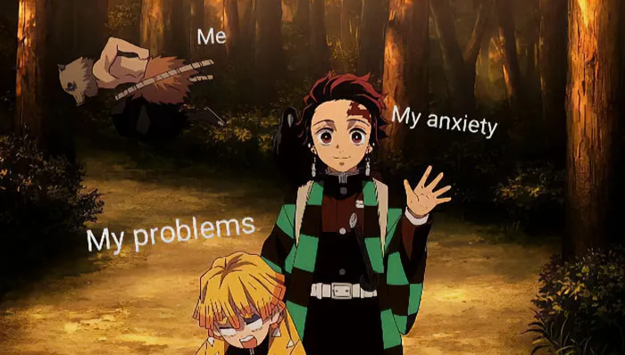 Demon Slayer meme: Tanjiro as "Me," Zenitsu as "My problems," Inosuke as "My anxiety" in a forest scene.