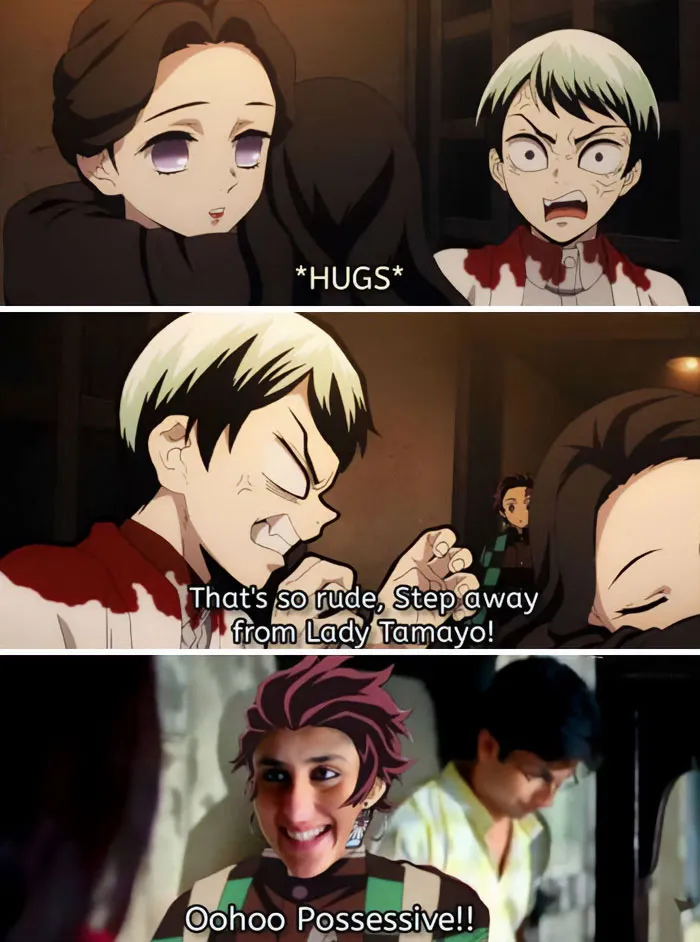 Demon Slayer meme with Yushiro jealous over Lady Tamayo's hug; Tanjiro reacts amused, saying "Oohoo Possessive!!".