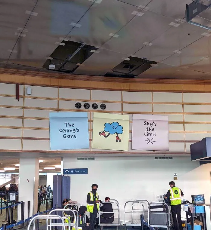 The Airport In Portland, Oregon Has Giant Sticky Notes While They're Undergoing Construction