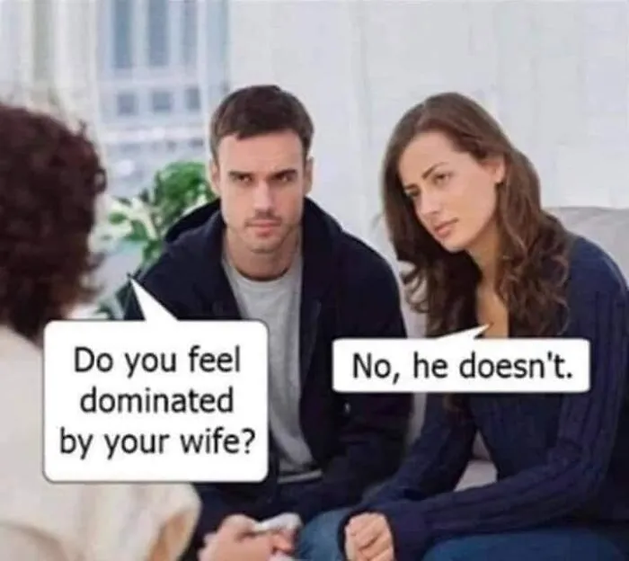 Funny Facebook post of a couple in therapy, with humorous speech bubbles about dominance in their relationship.