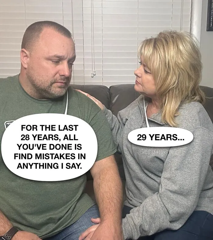 Man and woman having a humorous conversation about finding mistakes, highlighting funny Facebook posts.