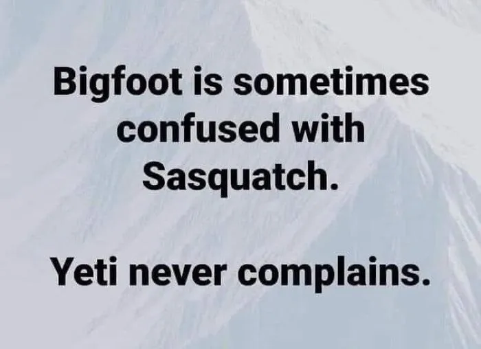 Text meme from a Facebook group: "Bigfoot is sometimes confused with Sasquatch. Yeti never complains."