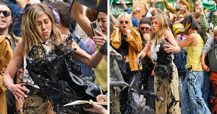 Jennifer Aniston Gets Drenched In Black Oil While Filming "The Morning Show"