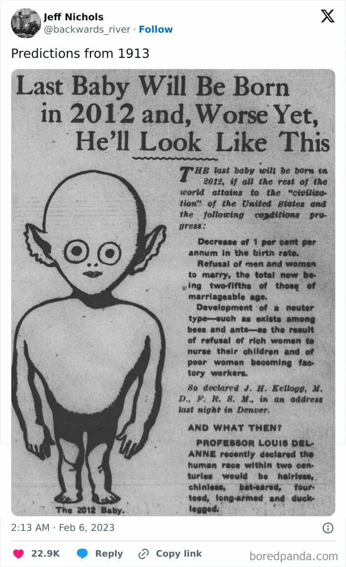 In 1913, Someone Predicted That Birth Rates Would Have Declined All The Way To Zero By Now, And We'd Look Like Aliens Because Of Baby Formula