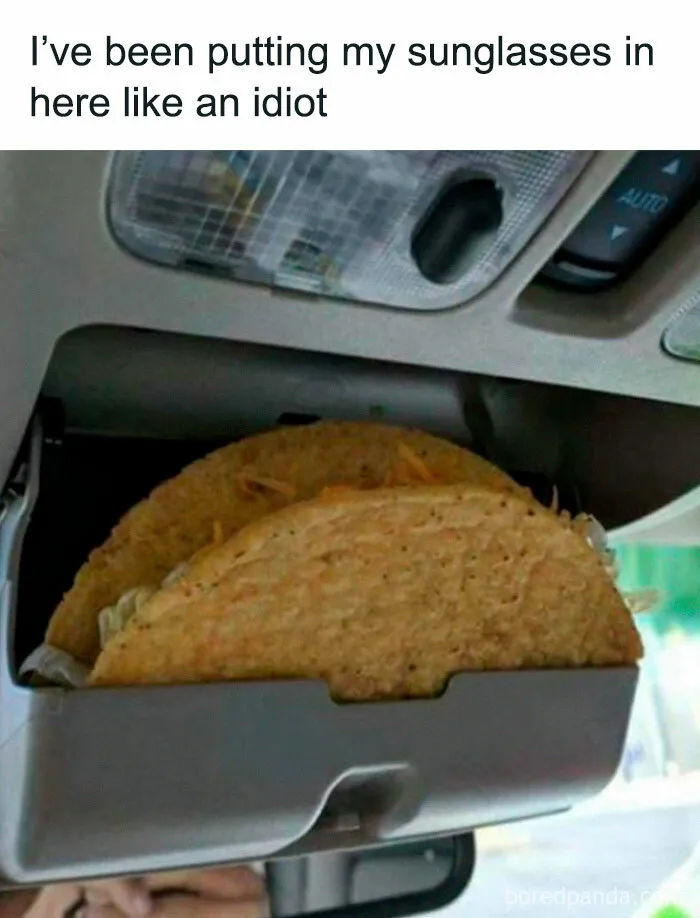 Tacos stored in a car's sunglasses holder, showcasing random meme humor.