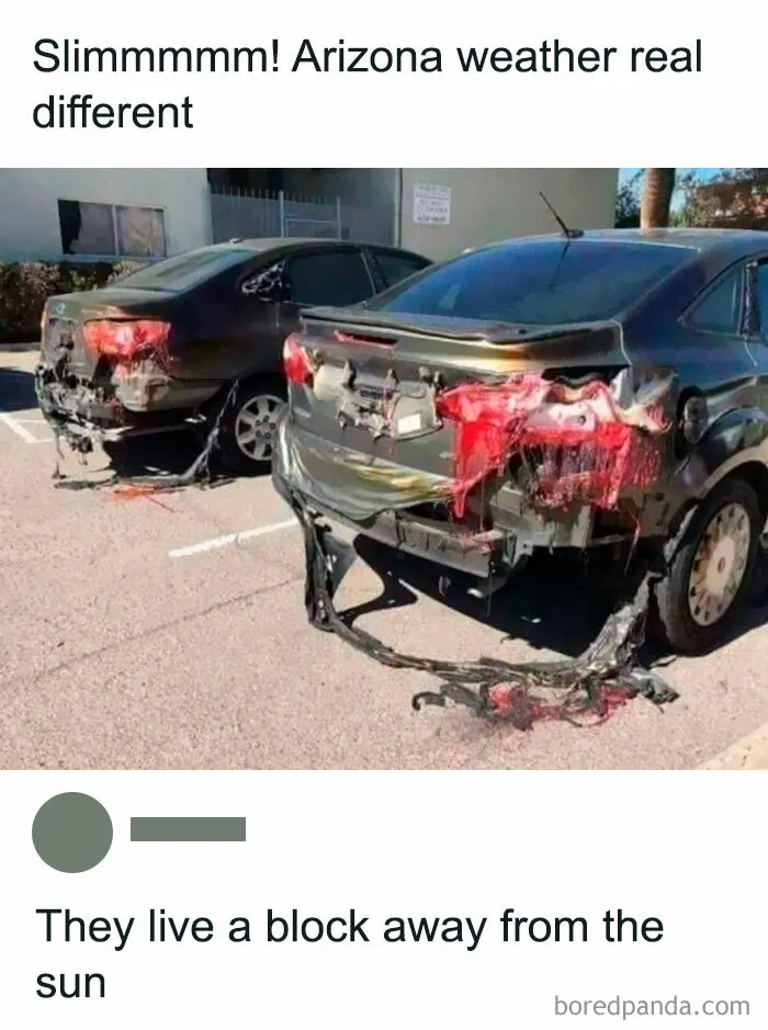 Two cars in a parking lot with melted bumpers, illustrating a funny meme about extreme Arizona heat.
