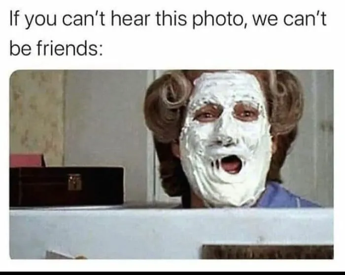 '90s meme featuring a character with a white face mask and humorous caption about recognizing sounds from an image.