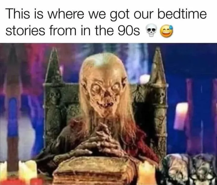 Creepy storyteller character from a ‘90s TV show, sitting with clasped hands, evokes nostalgia for '90s memes.