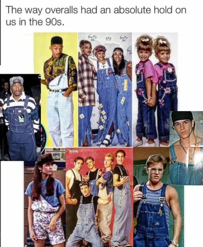 '90s fashion meme featuring various celebrities wearing overalls, capturing a nostalgic trend from the era.