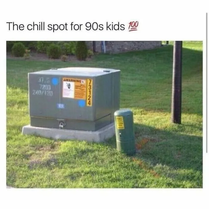 Utility box meme, a nostalgia trip for 90s kids, shows a typical childhood hangout spot on grass.