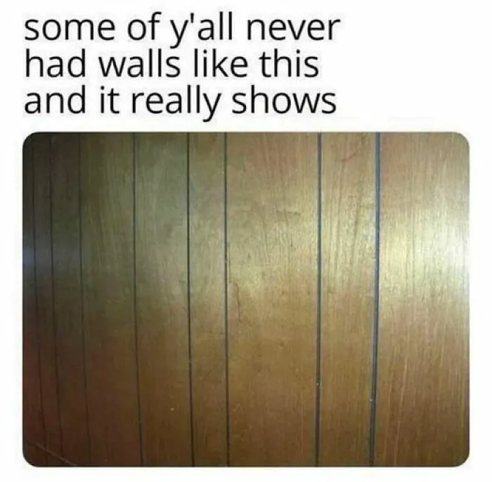 '90s meme with wooden paneled walls and nostalgic caption.
